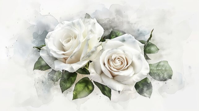 This artwork showcases two beautifully rendered white roses surrounded by subtle green leaves, set against a gentle, blurred backdrop that enhances their elegance