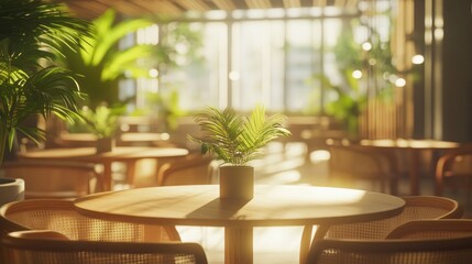 Sticker - A sunlit cafe interior featuring wooden furniture and potted plants, creating a serene atmosphere.