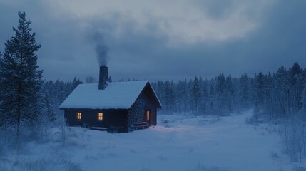 Sticker - A cozy cabin in a snowy landscape, emanating warmth amidst a cold, wintry scene.