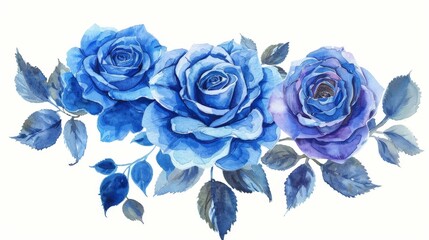 The artwork features beautifully painted blue and purple roses intertwined with soft green leaves, capturing the elegance of floral arrangements in watercolor