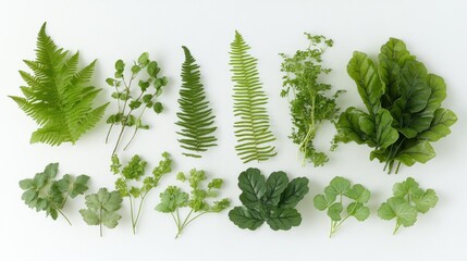 Sticker - A variety of fresh green leaves and ferns arranged on a white background.