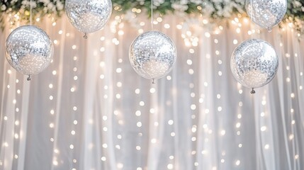 Canvas Print - A festive backdrop with hanging disco balls and twinkling lights for celebrations.