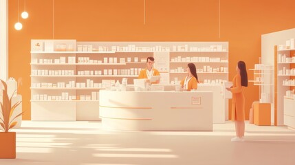 Sticker - A bright pharmacy interior with staff assisting customers in a modern, minimalistic design.