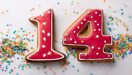 Decorated cookie, number 14, image for birthday or anniversary celebration