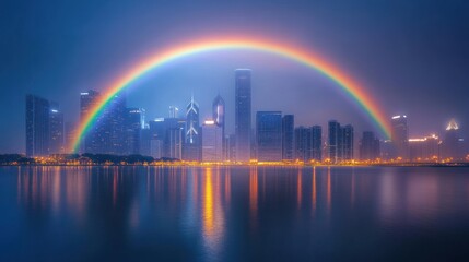 Wall Mural - A vibrant city skyline under a rainbow, reflecting lights on a serene water surface.