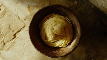 Wall Mural - A bowl of spaghetti topped with a dollop of creamy sauce.