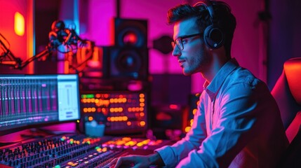 A musician operates a sound mixing console in a vibrant studio setting.