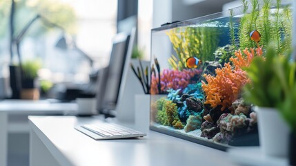 Canvas Print - A vibrant aquarium filled with colorful corals and fish in a modern office setting.