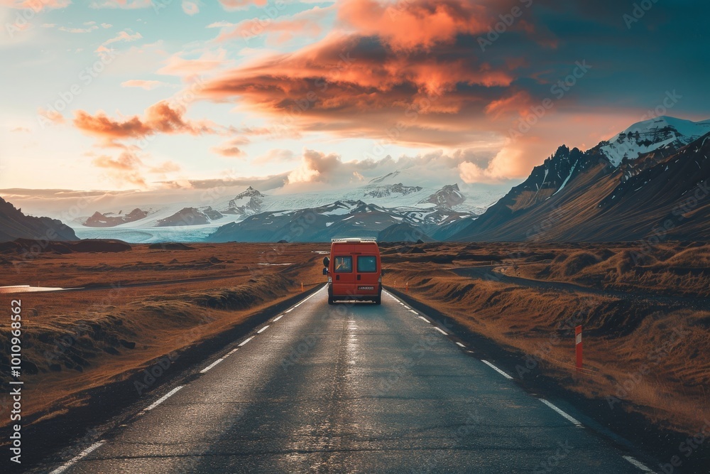 Motorhome camper van RV road trip. People on a travel vacation ...