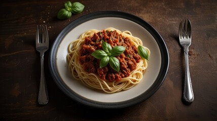 A plate of spaghetti with meat sauce, basil, and two forks on a wooden table.