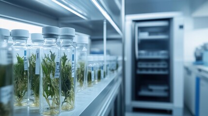 Wall Mural - Laboratory shelves with glass vials containing plant specimens for research purposes.