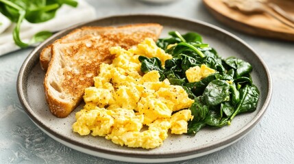 A breakfast plate featuring scrambled eggs, saut spinach, and whole-grain toast, perfect for a healthy start to the day.