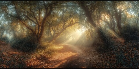 Wall Mural - a sunbeam pierces through dense forest foliage, illuminating a path through the misty woods.