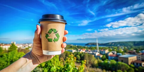 Eco-Friendly Business Practices: Hand Holding Coffee Cup for Recycling and Sustainability Under Clear Blue Sky