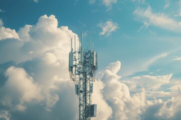 Wall Mural - Telecommunication tower cellular. Macro Base Station. 5G radio network telecommunication equipment with radio modules and smart antennas mounted on metal against a clouds sky background