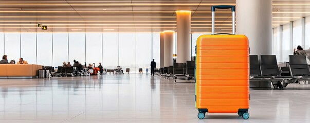 Orange suitcase in a modern airport terminal with empty seating.