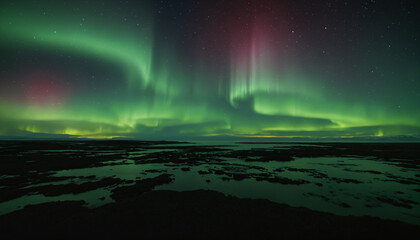 beautiful aurora in the night sky, alien landscape in the north