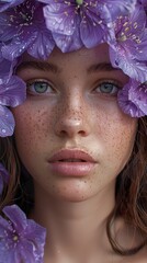 Wall Mural - Close-Up Portrait of Woman with Purple Flowers