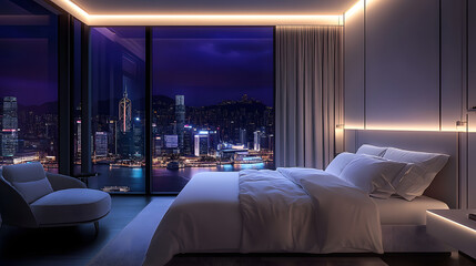 Poster - White interior hotel bedroom with night city view outside the window