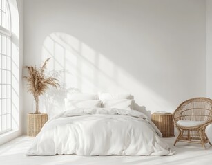 Poster - Minimalist Bedroom Decor with a White Bed and Wicker Chair