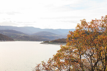 a panoramic view of autumn landscape with mountain hills surrounded by trees with yellow and red foliage at birtvisi canyon in georgia at a sunset light