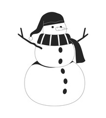 Wall Mural - Cute snowman wearing scarf knitted hat black and white 2D line object. Wintertime leisure outdoor. Winter sculpture. Snow figure isolated clip art vector outline item. Monochromatic spot illustration