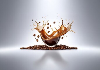 Poster - A splash of coffee with coffee beans scattered around a clear glass cup.