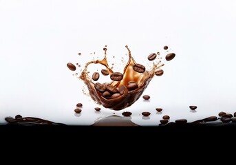 Poster - A splash of coffee with whole beans falling into the liquid.