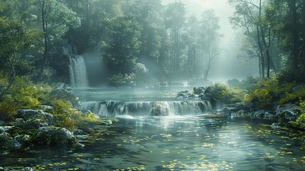 Poster - Enchanted Forest Waterfall: Tranquil Nature Scene