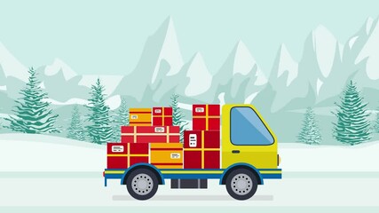 Wall Mural - Delivery truck carrying christmas gift boxes is driving on a snowy road