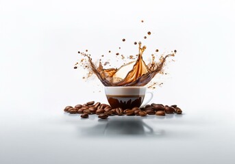 Poster - A splash of coffee erupts from a white cup, with coffee beans scattered around the base.