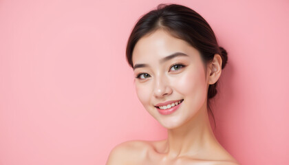 Smiling woman with natural beauty on pink background.