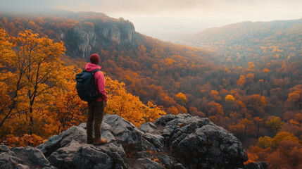 Hiker standing on rocky cliff overlooking autumn forest valley
