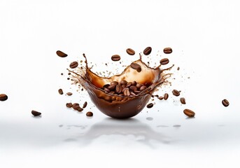 Poster - Coffee beans splash in a brown liquid, forming a crown shape against a white background.