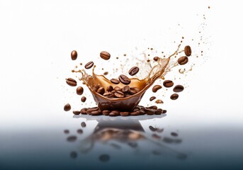 Aufkleber - Coffee beans splash in a wave of brown liquid, creating an abstract design.
