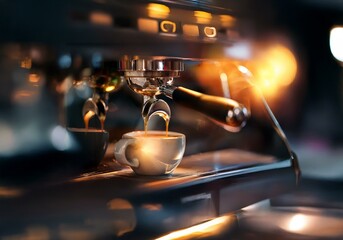 Poster - Espresso coffee machine pours rich, dark liquid into a white cup.
