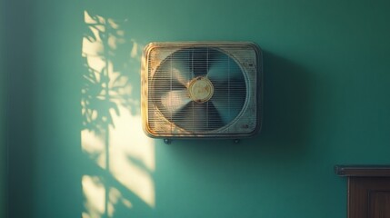 Sticker - Vintage fan casting a shadow on a teal wall in a cozy room.