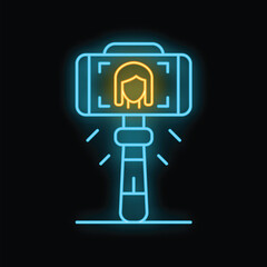 Poster - Neon sign representing a smartphone on tripod capturing a woman's face with facial recognition software for security purposes