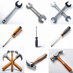 A set of tools, including wrenches, screwdrivers, and hammers, are displayed against a white background.