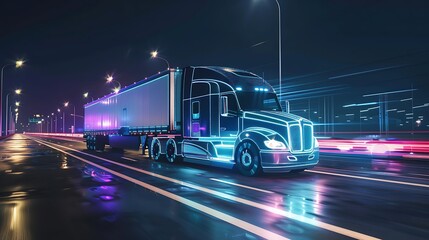Wall Mural - truck on the road with glowing lights