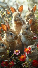 Wall Mural - Cute Baby Rabbits in a Garden of Flowers