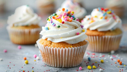 Tasty cupcakes with vanilla cream on grey table, closeup