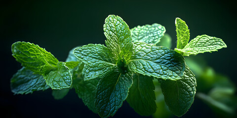 Close-up photo of a vibrant sprig of mint , fresh, herb, green, aromatic, plant, ingredient, leaves, close-up, macro