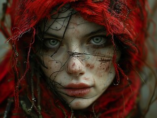 Poster - Intense Portrait of a Woman with Red Hood and Scars