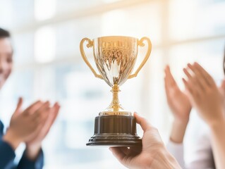 A shining trophy is held high amidst applause, celebrating achievement and recognition in a bright, cheerful atmosphere.