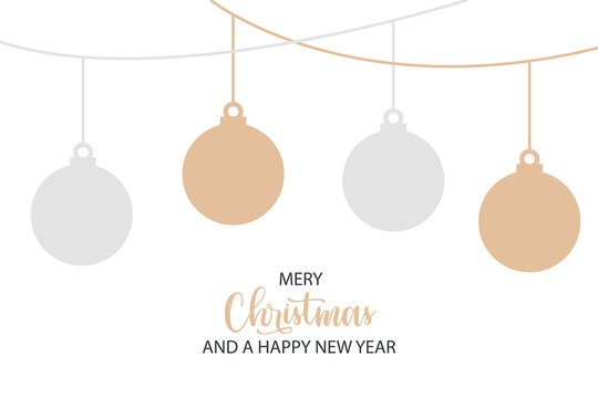 Flat vector illustration of Merry Christmas greeting card with balls. Minimalistic banner in gold and silver colors.