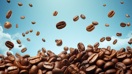 Coffee beans falling from the sky. coffee drink advertisement. roasted coffee beans