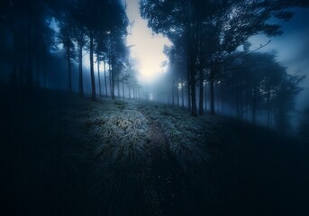 Aufkleber - A misty forest path winds through tall trees, sunlight barely penetrating the thick fog.
