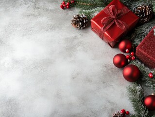 Festive display of red gifts and ornaments on a gray background for Christmas decorations.