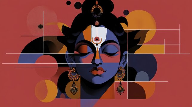 A contemporary digital artwork of Krishna in a minimalist style, using geometric shapes